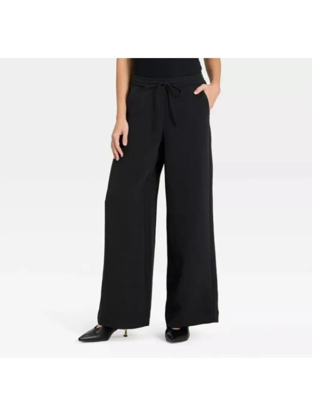 A New Day Women's Black 1X Plus Size Wide Leg Pull-On Trousers Pants Drawstring